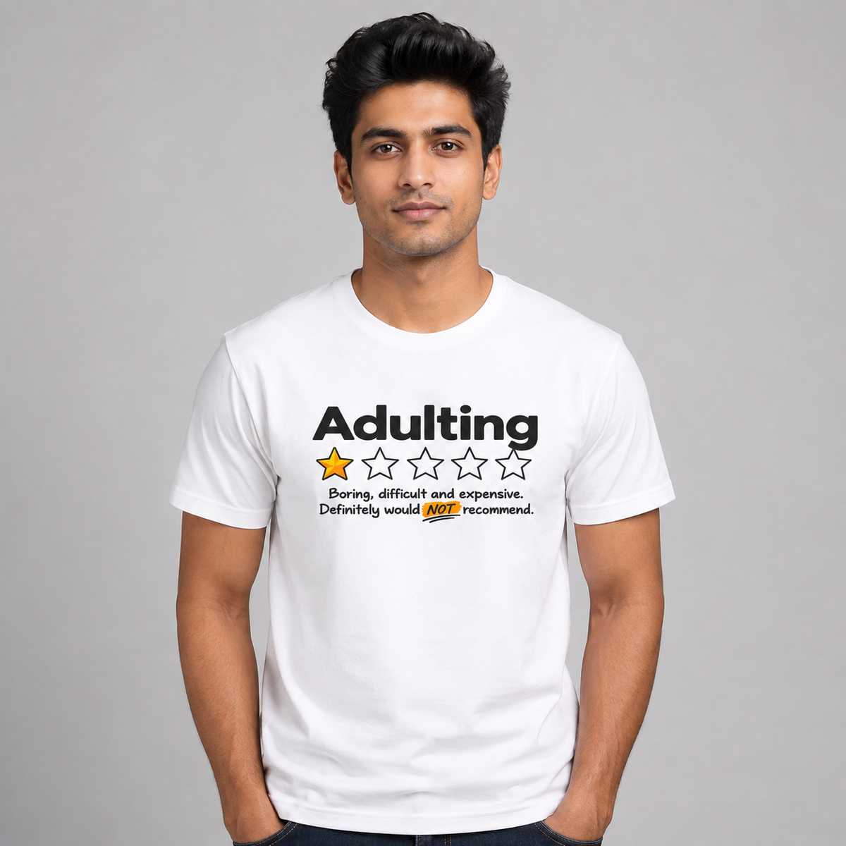 Adulting One-Star Review Regular Fit T-Shirt – White