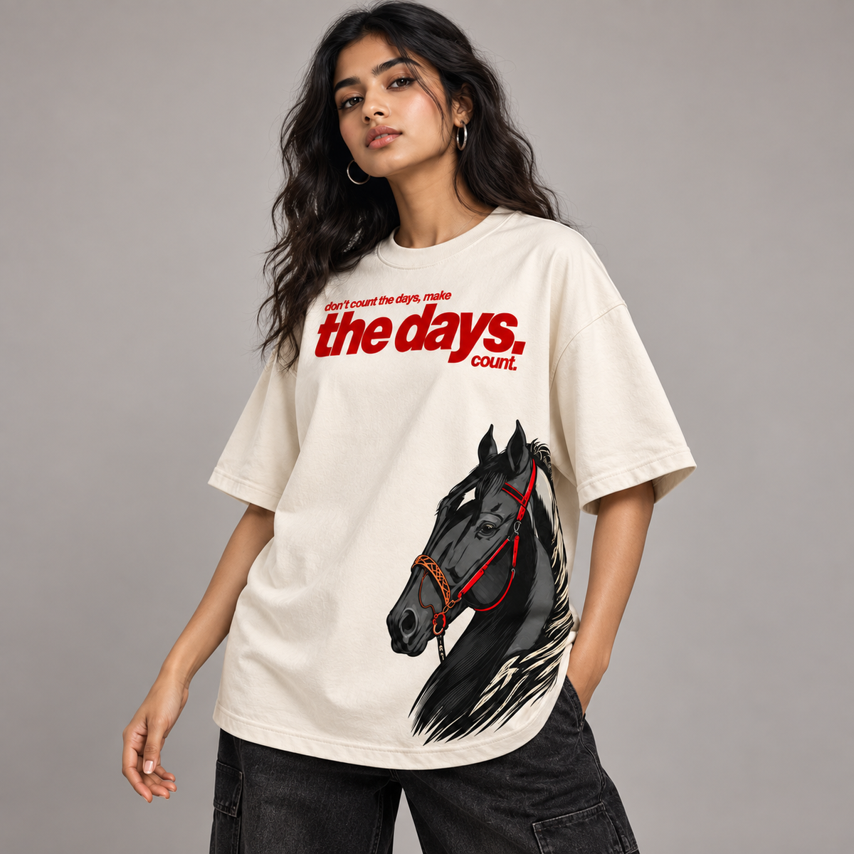 Make The Days Count – Horse Side Print Oversized T-Shirt